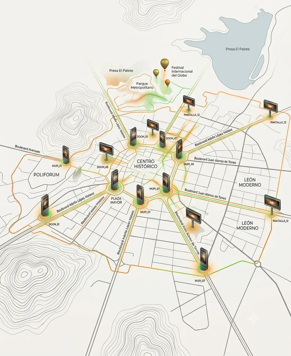 Digital screen network in strategic locations across León